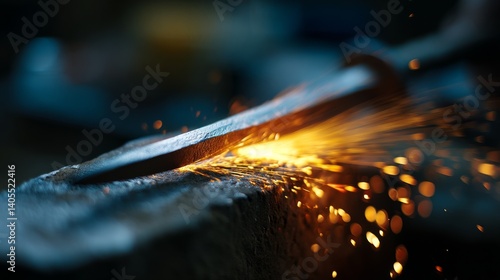 Sparks fly as a sword is sharpened, capturing intense focus and craftsmanship under dim lighting in a workshop setting.
