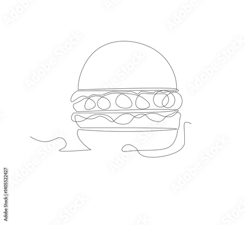 Gambar hamburger dengan satu garis, background putih, Siluet burger restoran cepat saji dengan keju, potongan daging, dan salad. Logo makanan jalanan dengan desain modern.
