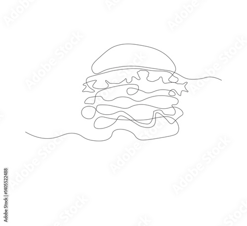 Gambar hamburger dengan satu garis, background putih, Siluet burger restoran cepat saji dengan keju, potongan daging, dan salad. Logo makanan jalanan dengan desain modern.