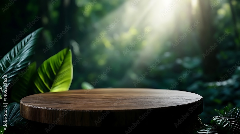 Jungle Oasis Wooden Table Mockup in Lush Rainforest. Jungle Oasis Wooden Table Mockup in Lush Rainforest.