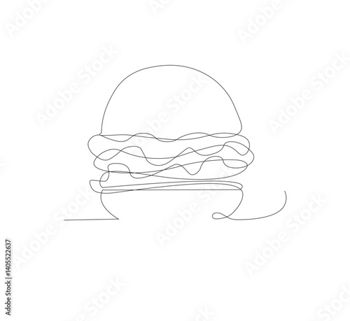 Gambar hamburger dengan satu garis, background putih, Siluet burger restoran cepat saji dengan keju, potongan daging, dan salad. Logo makanan jalanan dengan desain modern.