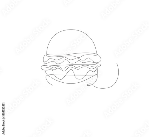 Gambar hamburger dengan satu garis, background putih, Siluet burger restoran cepat saji dengan keju, potongan daging, dan salad. Logo makanan jalanan dengan desain modern.