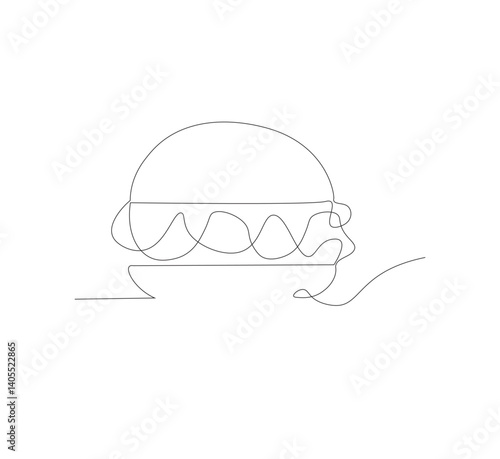 Gambar hamburger dengan satu garis, background putih, Siluet burger restoran cepat saji dengan keju, potongan daging, dan salad. Logo makanan jalanan dengan desain modern.