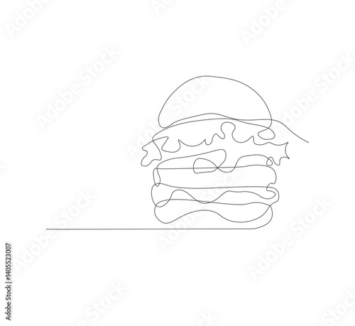 Gambar hamburger dengan satu garis, background putih, Siluet burger restoran cepat saji dengan keju, potongan daging, dan salad. Logo makanan jalanan dengan desain modern.