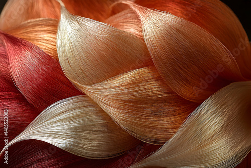 Vibrant strands of silky hair in shades of red, orange, and blonde, creating a flowing texture