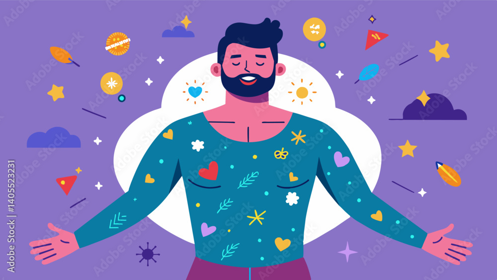 Fototapeta premium A man participating in a body positivity photoshoot adorned with glitter and surrounded by positive affirmations written on his body.. Vector illustration
