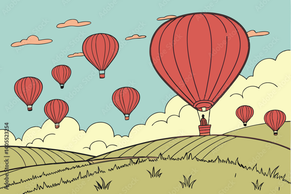 Obraz premium 87 Red hot air balloons, grassy field, blue sky with clouds, symmetry, one balloon rising higher, conceptual image, leadership concept, standing out from the crowd, achievement, success, competitive a