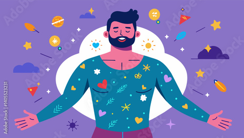 A man participating in a body positivity photoshoot adorned with glitter and surrounded by positive affirmations written on his body.. Vector illustration