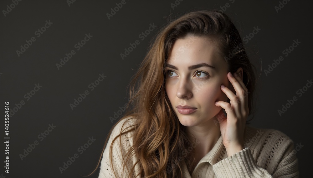 Pensive Woman Portrait: A young woman with long brown hair, wearing a cream-colored sweater, gazes thoughtfully off to the side, her hand gently resting on her cheek. Pensive Woman Portrait: A young woman with long brown hair, wearing a cream-colored sweater, gazes thoughtfully off to the side, her hand gently resting on her cheek.