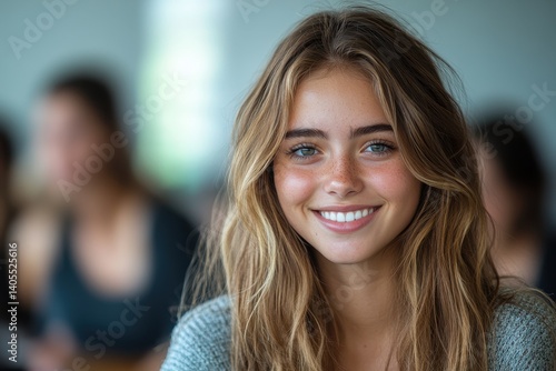 Wallpaper Mural Smiling young woman with long hair in casual setting during daytime at a social gathering Torontodigital.ca