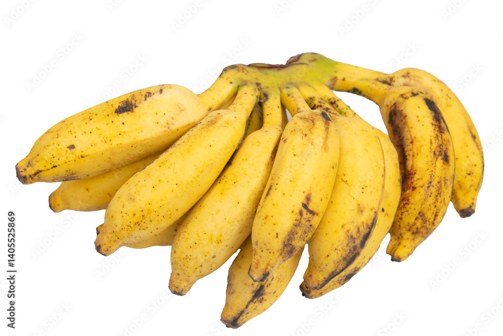 A bunch of bananas are yellow and have brown spots A bunch of bananas are yellow and have brown spots