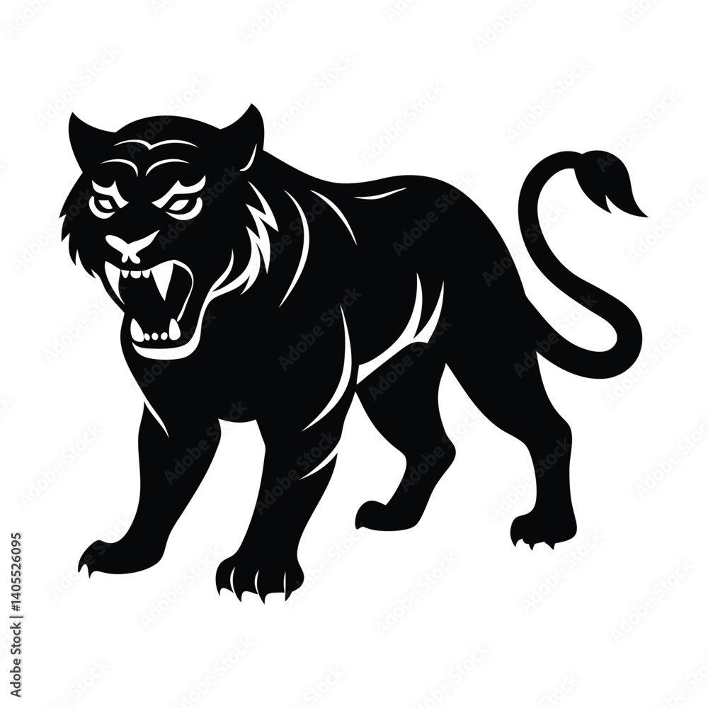 Obraz premium Angryt tiger silhouette in-an aggressive stance- sh Angry Tiger Silhouette Aggressive Stance Fierce Wild Animal Roaring Predator