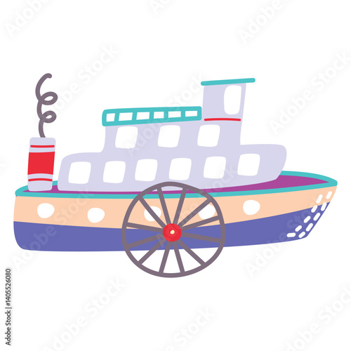 River steamboat with paddle wheel. Cute flat illustration for kids, travel themes, and educational materials. Fun and simple design.
