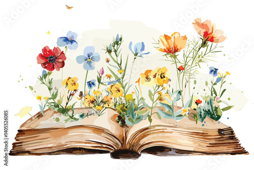 An open book in a brown cover with white pages lies surrounded by summer wildflowers of white chamomile, blue bells and green herbs. hand drawn watercolor illustration on white background for your des
