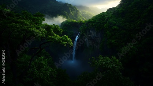 Lush Jungle Waterfall Sunrise with Tropical Paradise.