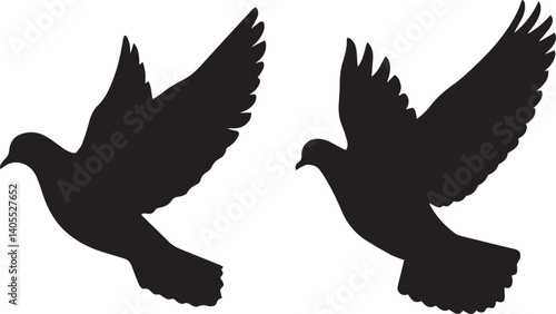 Black silhouettes, two doves in flight, wing spread, peaceful symbols, symmetrical composition, minimalist design, stark contrast, paper cut-out style, negative space, simple shapes, graphic art