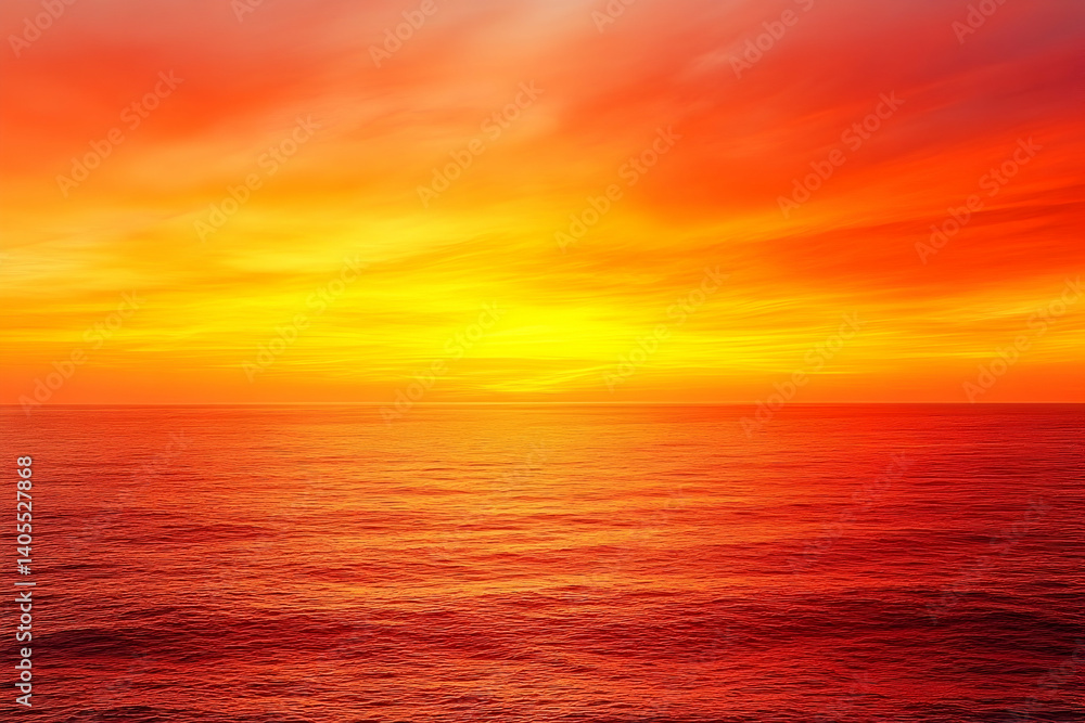 Obraz premium Vibrant sunset over the calm ocean, with hues of orange and yellow blending into the horizon