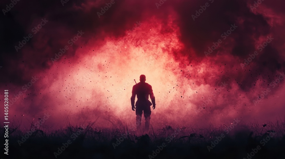 Fototapeta premium Silhouette of a Warrior Facing a Crimson Sky