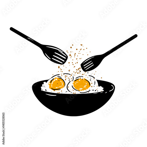 Fried eggs and rice in bowl icon with forks and seasoning