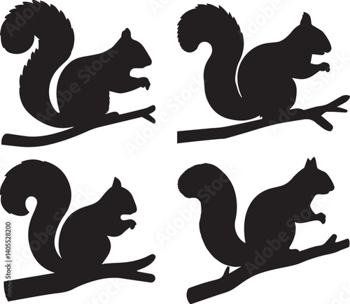 Silhouette squirrels, black and white illustration, symmetrical composition, graphic design style, simplified shapes, bushy tails, tree branch outlines, minimalist art, vector-like imagery