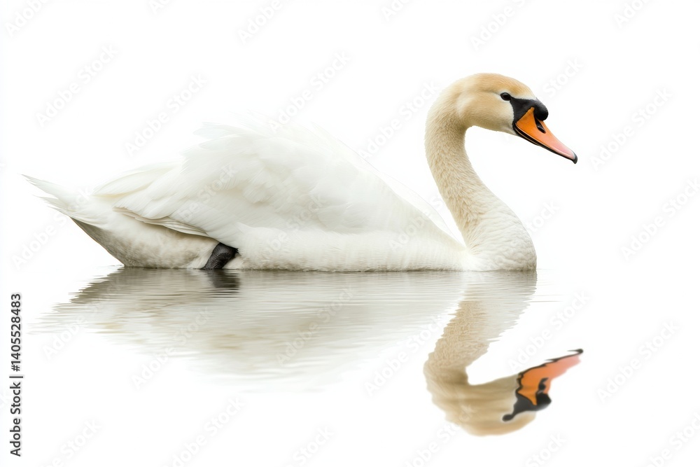 Fototapeta premium Swan gliding effortlessly over still water with perfect reflection on a serene white background