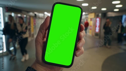 Wallpaper Mural POV view look at male hand holding smartphone green screen gadget in street, busy sidewalk, camera locked on phone green color display, bokeh modern city background Torontodigital.ca