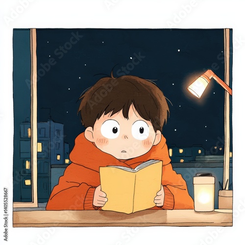 A soft cozy bedroom scene with a child snuggled under blankets, reading by flashlight