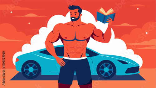 A fitness magazine cover features a man posing in front of an expensive sports car with a caption teasing readers to find out the secrets to his perfectly toned muscles.. Vector illustration