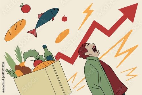 88 Food inflation, grocery prices rising, shouting man, flying groceries, red arrow graph, fresh produce, bread, fruits, vegetables, dairy products, fish, vibrant colors, dynamic composition, economic