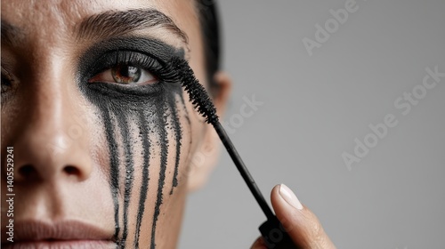 Obraz na płótnie Woman applying mascara with black tears evoking industrial waste and unsustainable beauty practices w salonie
