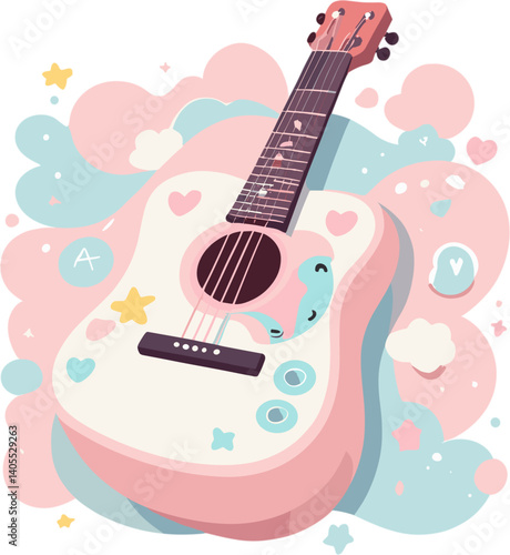 Cute pastel cartoon guitar with a playful design surrounded by colorful stars and hearts