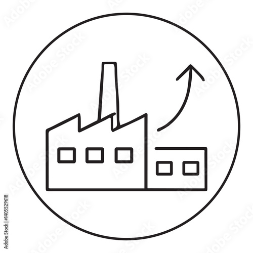 Outline icon of a pharmaceutical factory with upward arrow symbolizing production growth, facility expansion, and investment in medical manufacturing. Ideal for pharma visuals