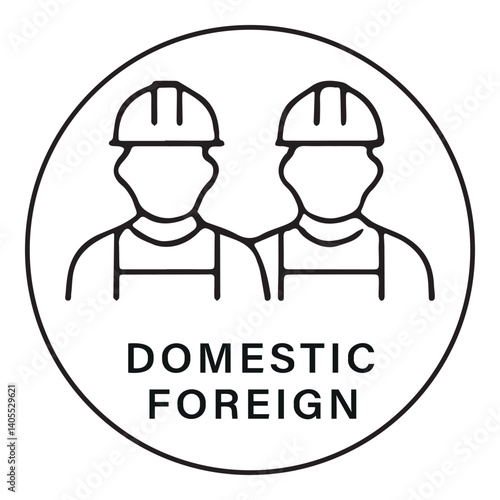 Outline icon with domestic and foreign factory workers side by side highlighting labor force balance and employment strategy in manufacturing industry. Global Labor Strategy in Manufacturing concept
