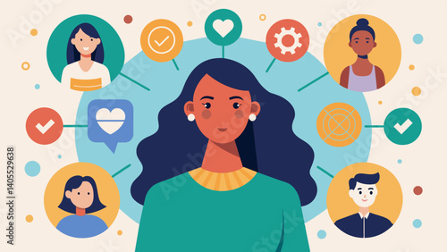 A woman surrounded by her support network engaging in meaningful conversations and receiving encouragement during difficult times.. Vector illustration