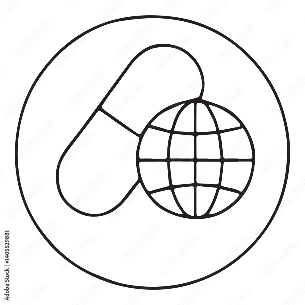Minimal outline icon of medicine capsule with globe, symbolizing international pharmaceutical trade, global medicine supply, and worldwide healthcare systems. Global Access to Pharmaceuticals concept Minimal outline icon of medicine capsule with globe, symbolizing international pharmaceutical trade, global medicine supply, and worldwide healthcare systems. Global Access to Pharmaceuticals concept