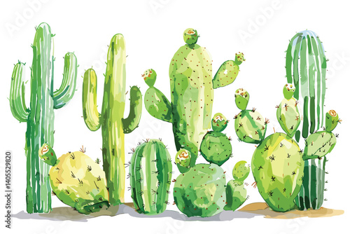 composition of watercolor green cacti, succulents, haworthia on a white background, hand-drawing, greeting card