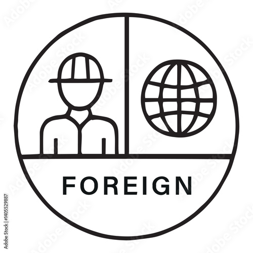 Icon of foreign pharma worker with globe symbol: international labor, global hiring, pharmaceutical industry workforce abroad. Ideal for pharma business visuals. Global Workforce Integration concept