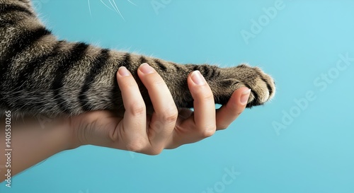 Fototapeta Naklejka Na Ścianę i Meble -  Kitten showing its paws, animal care, a kitten being lovingly cared for by a veterinarian, veterinarian