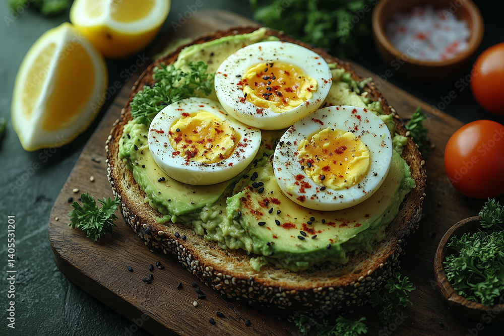 Toast with mashed avocado, topped with sliced boiled eggs, paprika, sesame seeds, and herbs, served on a wooden board with lemon and tomatoes nearby. Toast with mashed avocado, topped with sliced boiled eggs, paprika, sesame seeds, and herbs, served on a wooden board with lemon and tomatoes nearby.