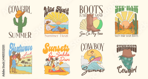 Western t-shirt design set, retro cowboy graphic collection. Vintage western illustration landscape for print, and tee shirt, retro west clothing apparel design