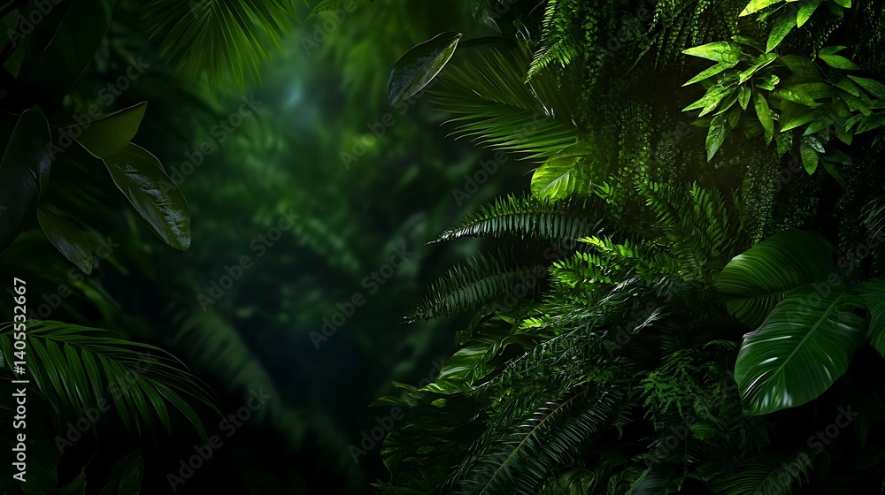 Fototapeta premium Lush Tropical Rainforest with Dark Green Foliage Background.