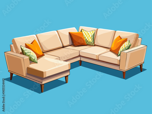A professional vector of a beige L-shaped sofa with five seats and cozy pillows, placed on a light blue background, contemporary and spacious design