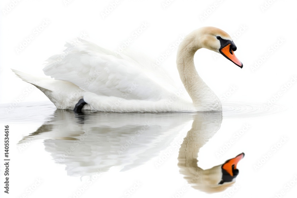 Obraz premium Swan gliding gracefully over a still water surface with perfect reflections in a serene, white background