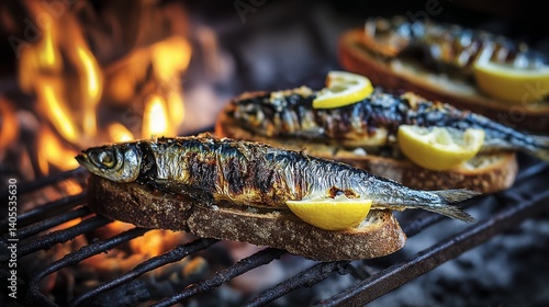 Obraz na płótnie Grilled fish on crusty bread with lemon garnish, sizzles over an open flame, capturing the essence of outdoor cooking. w salonie
