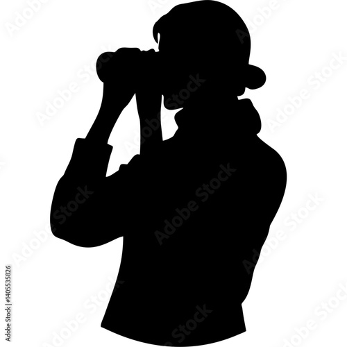 Woman looking through binoculars on white background