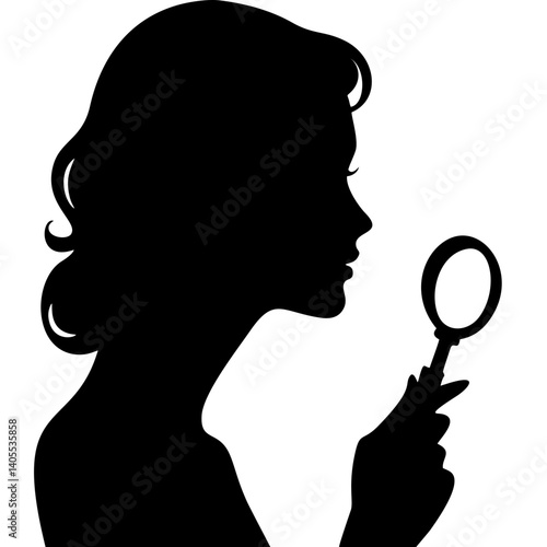 Woman examining with magnifying glass silhouette on white background
