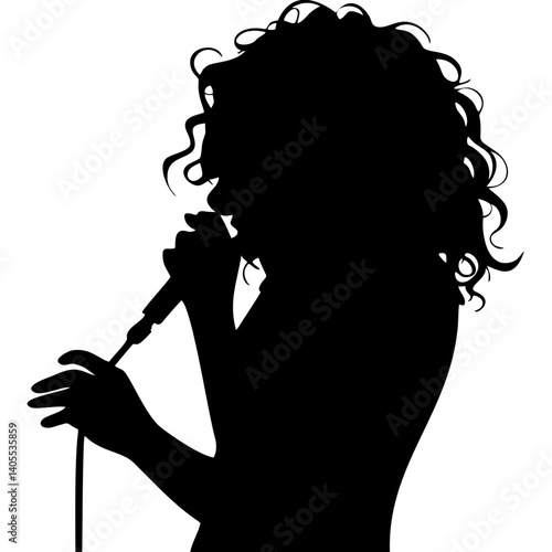 Woman singing with microphone silhouette on white background
