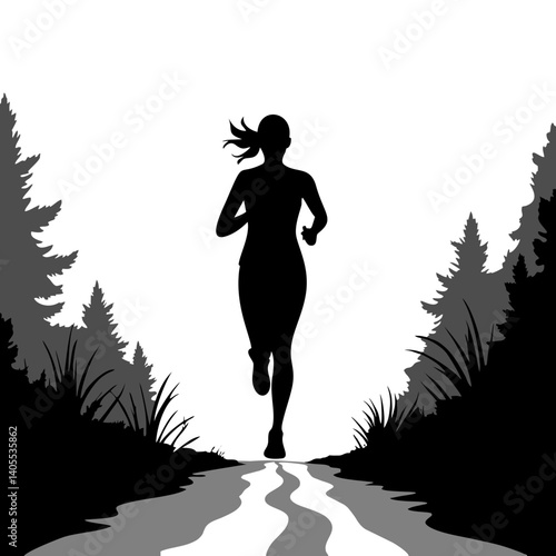 Woman jogging on forest trail silhouette
