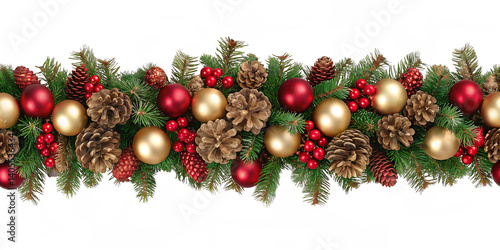 Festive Christmas tree branches adorned with red and gold baubles, a shiny holiday decoration against a white winter backdrop.