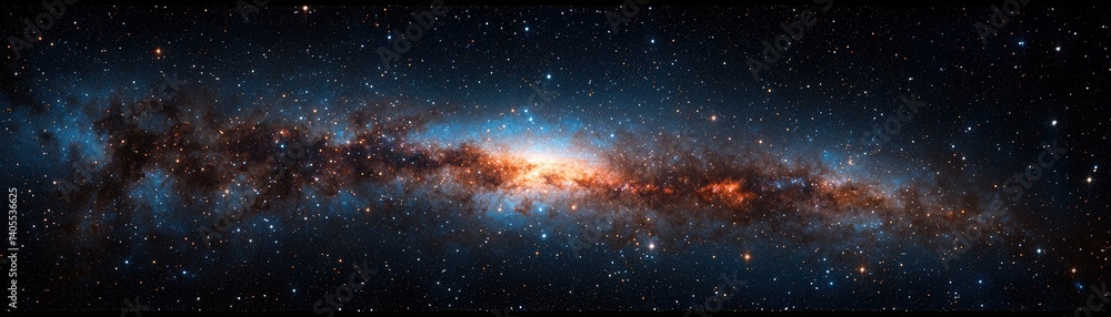 Naklejka premium A stunning view of a galaxy with a vibrant array of stars and cosmic dust highlighted against the dark expanse of space.